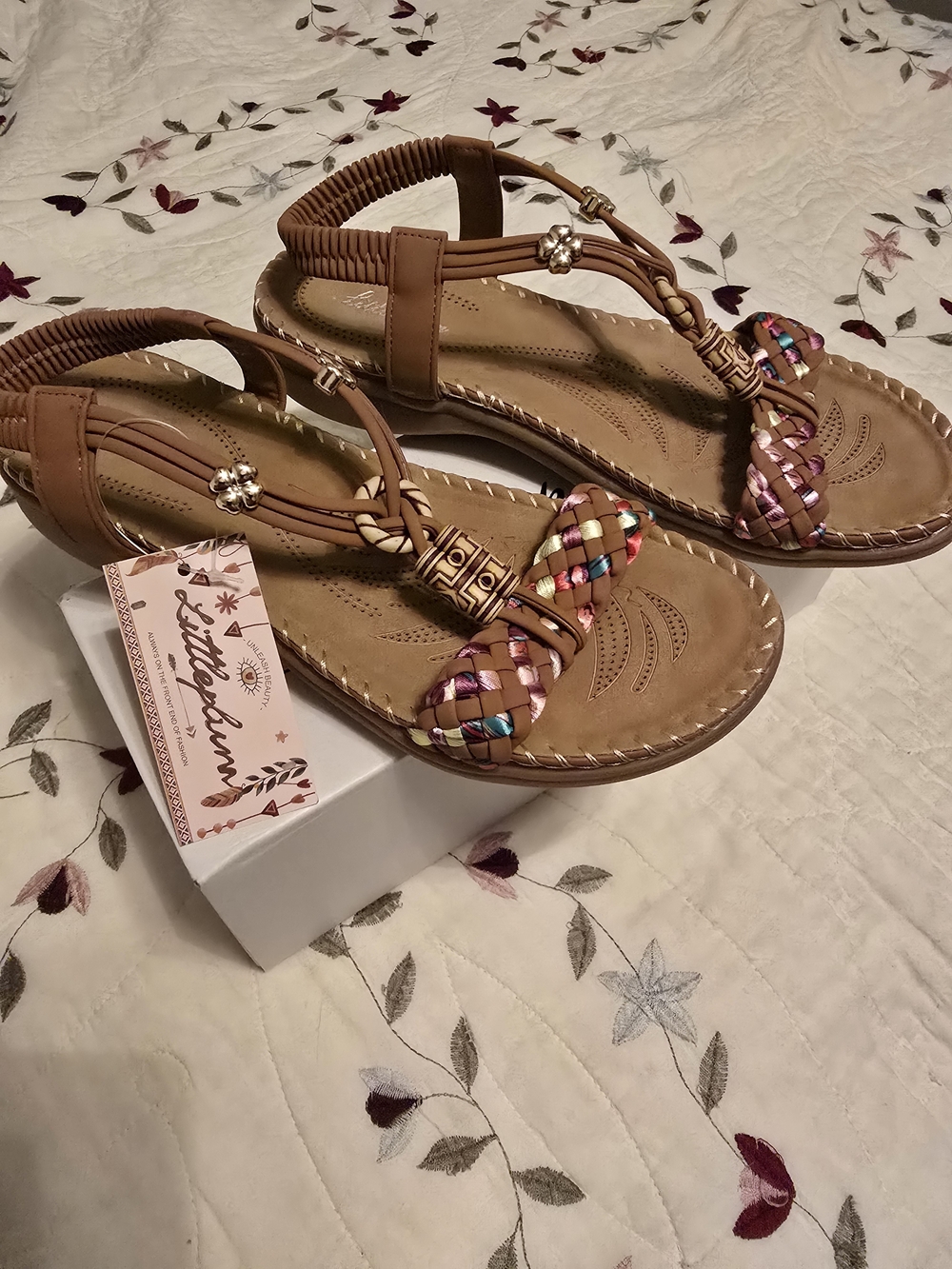Littleplum NWT Women’s Tan Braided T-Strap Sandals with Multicolor Accents